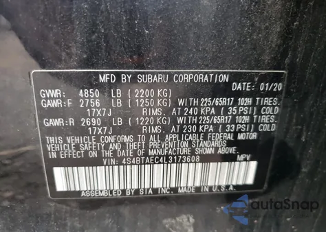 2020 Subaru Outback Premium z USA, uszkodzony, nr VIN 4S4BTAEC4L3173608